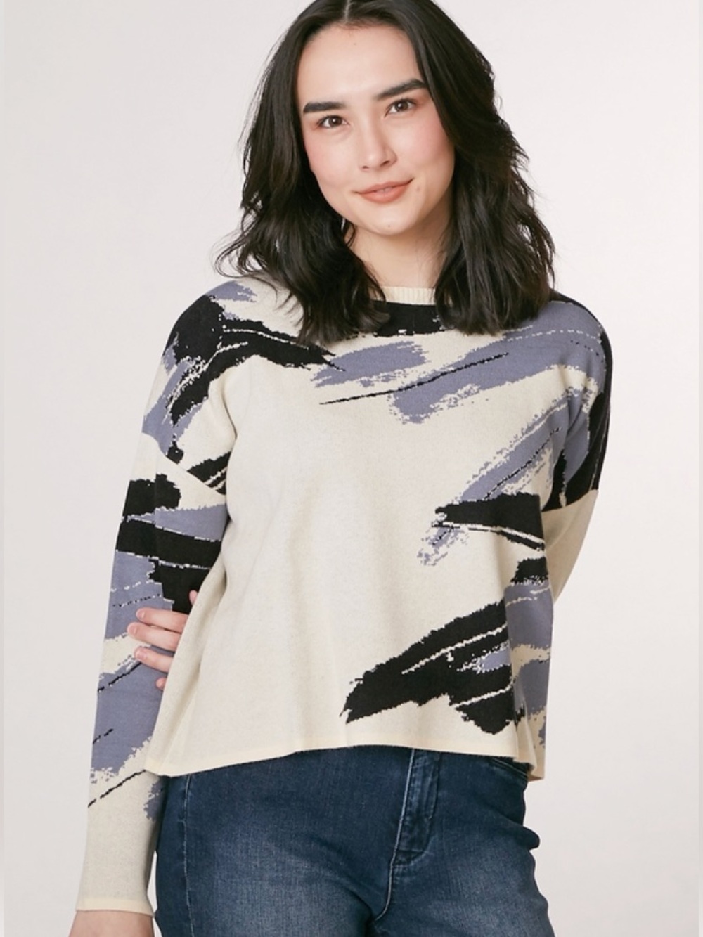 MARLA WYNNE (XL) Brushstroke Jacquard Pattern Sweater Ecru Loose Fit Soft NWT